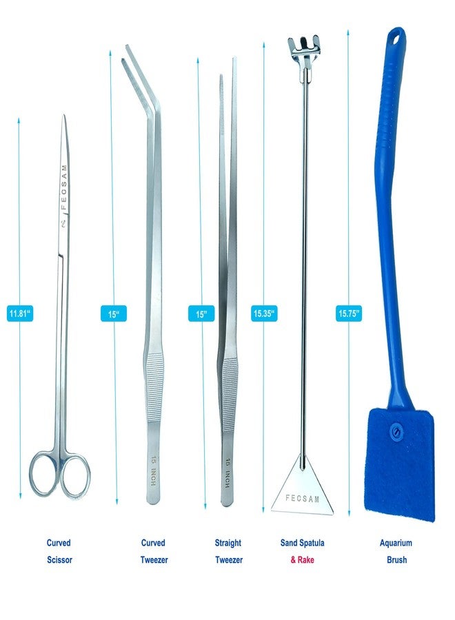 Fecsam Aquarium Aquascape Tools Kit + Brush - 15 inch Stainless Steel Aquatic Tweezers/Feeding Tongs, Scissors, Spatula, Algae Scraper, Rake for Fish Tank Cleaning Scrubbing, Trimming, Terrarium Supplies - Image 2
